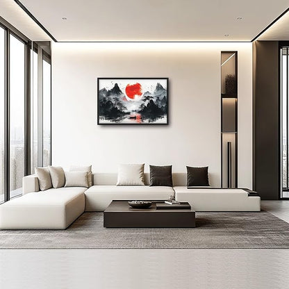Framed Large Japanese Mountain Wall Art for Living Room, Oversized Asian Red Sun Lake Landscape Wall Decor Nature Canvas Painting Home Decoration for Living Room Bedroom Office 36"x24"