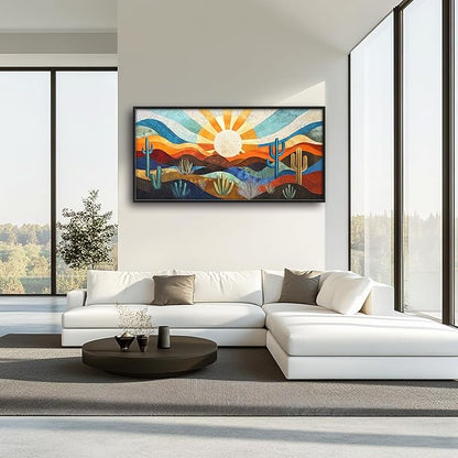 Extra Large Framed Abstract Boho Desert Wall Art, Sun Cactus Landscape Wall Decor Pictures for Living Room,Cacti Canvas Print Painting Modern Artwork Bedroom Office Bathroom Home Decor 60L x 30W