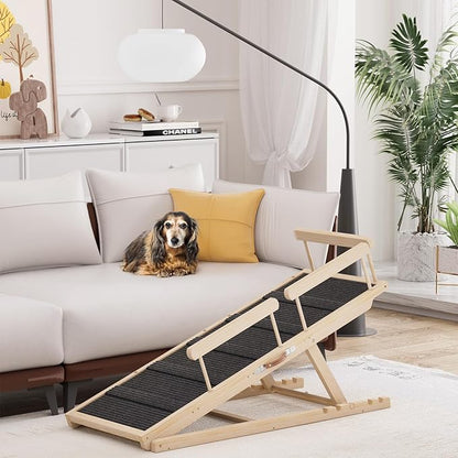 Dog Ramp for High Bed, Couch, Car, Pet Ramps 55.12" Long Adjustable 19.7"-27.6" Wooden Dog Step with High Traction Mat & Safety Side Rails for Small Medium Large Older Pets, up to 250 lbs