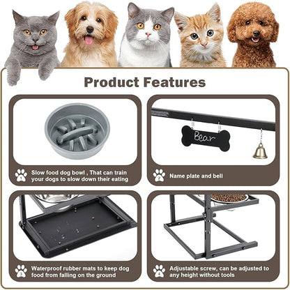 Elevated Slow Feeder Dog Bowls - Raised for Large Dogs, Adjustable Height, 2 Stainless Steel Bowls, Spill Proof Mat, Grey