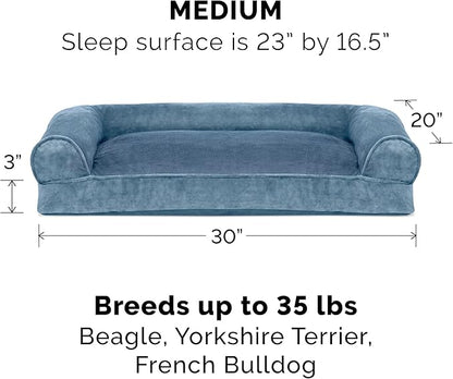 Furhaven Pillow Dog Bed for Medium/Small Dogs w/ Removable Bolsters & Washable Cover - Faux Fur & Velvet Sofa - Harbor Blue, Medium