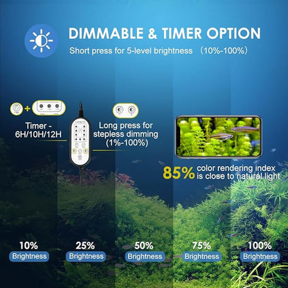Aquarium Light,14W 24/7 Natural Mode,9 Light Modes(Water Grass Mode & 7 Colors & Cycle),Adjustable Timer and 7 Color Brightness - with Expandable Mounting Bracket for 12~18IN Fish Tank