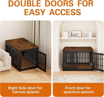 48" Heavy Duty Dog Crate Furniture for Small,Medium and Large Dogs,Rustic Wooden Dog Cage Kennel Indoor Furniture with Waterproof Top,Decorative Pet House Side End Table (Black & Wood)