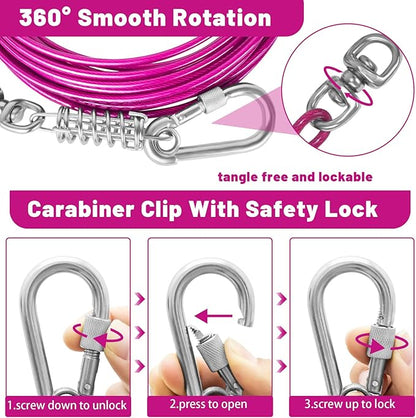 Dog Tie Out Cable 10/15/20/25/30FT Dog Run Cable Rosy Pink/Blue/Purple/Silver/Red/Green/YellowTie Out Cable for Large Dogs Heavy Duty for Outside Hold Large Dogs Up to 250LBS