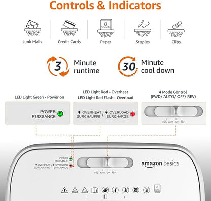 Amazon Basics Cross Cut Paper and Credit Card Shredder for Security - 8-Sheet, Heavy Duty, White