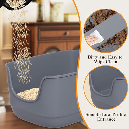 Gefryco Large Cat Litter Box with High Sided 24.6"x18.3"x12.2" - Jumbo Extra Large Open Anti - Splashing High Wall for Multiple Cats (Grey)