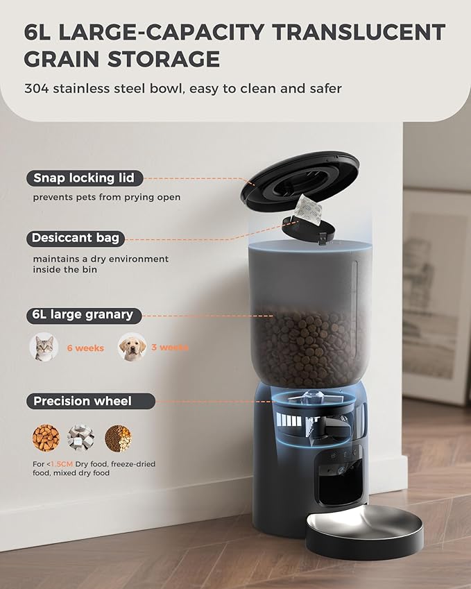 AI Cat Feeder with Dual Cameras (1 Adjustable), 2K HD Night Vision, 5G/2.4G WiFi, 6L Automatic Pet Feeder with APP Control, Laser Interactive Toy, Two-Way Audio & Scheduled Feeding