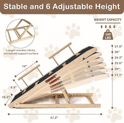 Dog Ramp for Bed Couch Extra Wide Folding Pet Ramps for Large Dogs to Get on Bed, Portable Doggie Steps 6 Adjustable Height 27.3”, 47.3" Long