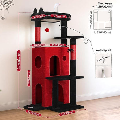 Globlazer Gothic Cat Tree Tower for Indoor Cats, 50-inch Goth Adult Cat Tree House for Large Adult Cats with Steps, Scratching Post, 2 Cat Caves, Dangling Toys, FC50, Blood-Goth