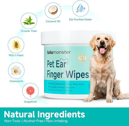 Ear Cleaner Finger Wipes for Dog & Cat [Finger Casing Design][Pet Ear Wipes with Tweezers] for Controlling Ear Infections and Ear Odor Reduce ear wax buildup Natural Ingredients Dog Ear Wipes