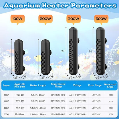 Aquarium Heater, 100W/200W/300W/500W Adjustable Fish Tank Heater with Intelligent Digital LED Controller, Overheating and Out of Water Protection for Freshwater and Saltwater Tanks