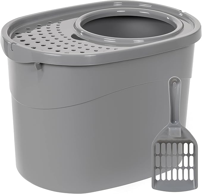 Amazon Basics Large Cat Litter Box with High Sides, Top Entry, Includes Scoop, 20.5 x 14.75 x 14.38 inches, Grey