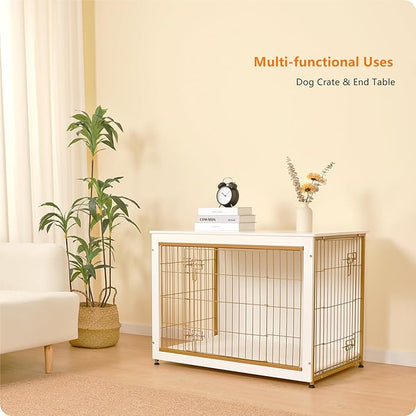 DWANTON Dog Crate Furniture with Cushion, Wooden Kennel Table with Double Doors, Indoor Dog House, Large Size, 38.5" L, White