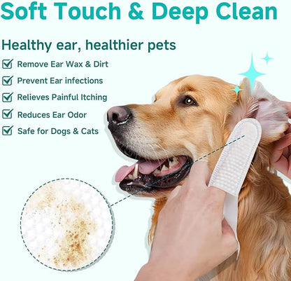 Ear Cleaner Finger Wipes for Dog & Cat [Finger Casing Design][Pet Ear Wipes with Tweezers] for Controlling Ear Infections and Ear Odor Reduce ear wax buildup Natural Ingredients Dog Ear Wipes
