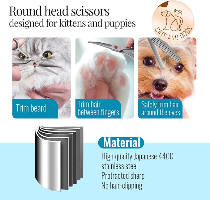4.5" Dog Grooming Scissors - 3 Pcs Curved & Straight Thinning Shears for Small Dogs & Cats - Japan 440C Stainless Steel