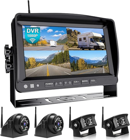 Fookoo HD 1080P 9" Wireless Backup Camera System, 9-inch Quad Split Screen Monitor w/Recording, IP69 Waterproof Side View Rear View Cameras, Digital Signal, Parking Lines for RV/Truck/Trailer (DW9T4)