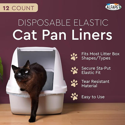 Alfapet Elastic Cat Litter Box Liners - Large 12 Count - Tear-Resistant Cat Litter Bags - Waterproof Kitty Litter Liners - Fits Litterbox Pan Sizes Medium and Large, 31" x 17", 20 lb Capacity