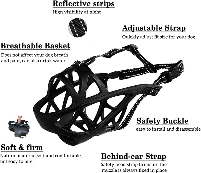 Dog Muzzle, Breathable Basket and Soft Cage Black Dog Mouth Cover,Anti-Biting, Barking and Chewing for Small Medium Large Dogs, 1 Pack Poop Bags for Dogs (L)