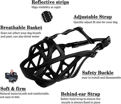 Dog Muzzle, Breathable Basket and Soft Cage Black Dog Mouth Cover,Anti-Biting, Barking and Chewing for Small Medium Large Dogs, 1 Pack Poop Bags for Dogs (L)