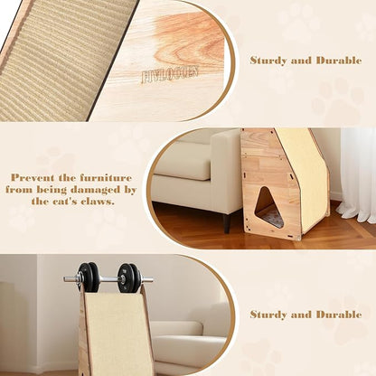 32in Cat Scratching Posts for Indoor Cats: Replaceable Sisal Mats & Sturdy 3D Wood Frame, Integrated Cat Condo, Hideout, Tunnel, All-in-One Space Saver for Multi-Cat & Budget-Friendly Homes