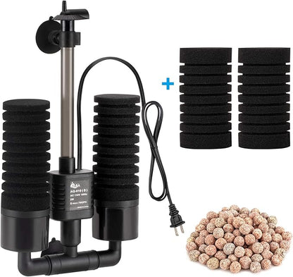 AQQA Aquarium Sponge Filter, Power Driven Double Biochemical Water Filter, Quiet Submersible Foam Filter with 2 Extra Sponges, 1 Bag of Filtered Ceramic Balls for Fresh and Salt Water Fish Tank (S)