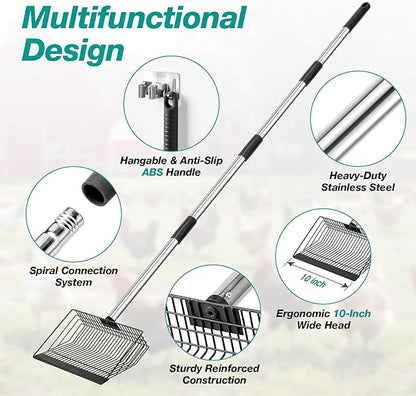 Adjustable Chicken Poop Scooper, Heavy Duty Stainless Steel Chicken Rake with 3-Slot Pole, Multi-Use Pet Waste Shovel & Hay Scooper - 36"/50"/64" Length
