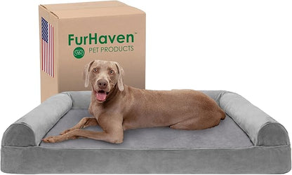 Furhaven Cooling Gel Dog Bed for Large Dogs w/ Removable Bolsters & Washable Cover, For Dogs Up to 125 lbs - Faux Fur & Velvet Sofa - Smoke Gray, Jumbo Plus/XXL