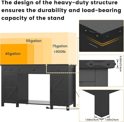 55-75 Gallon Aquarium Stand With Charging Station, Farmhouse Fish Tank Stand, Reptile Tank Stand Terrarium Stand with Drawer and Cabinet Storage, Sturdy Heavy Duty 53.5"×19.7" Tabletop - Black