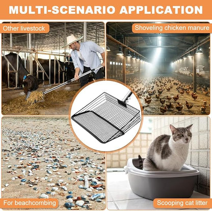 10inch Chicken Poop Scooper, Chicken Coop Scoop for Poop, 4 Sections Extended with 22 to 77inch Stainless Steel Adjustable Handle, Litter Scooper Sifting Shovel