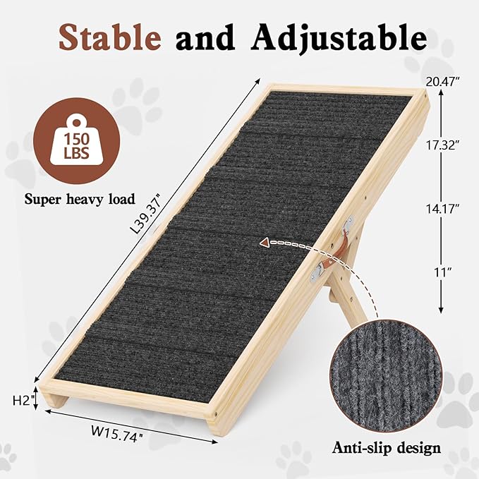 Dog Ramp for Couch, Wooden Pet Ramps 39.37" Long Adjustable 11"-20.47" Folding Puppy Ramps with High Traction Mat, Dog Stairs for Small & Medium Older Dogs & Cats, up to 150lbs
