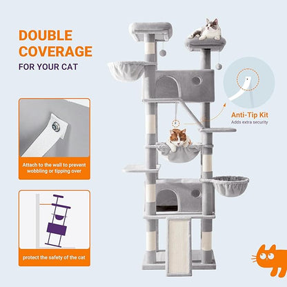 Allewie 81 Inches Tall Cat Tree/Multi-Level Large Climbing Tree House and Towers for Big Feline/Condo and Hammock/Scratching Post/Wide Base/Grey