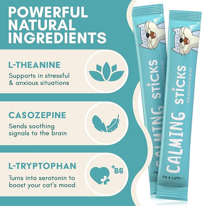 ALBERT & MIA Calming Sticks Lickable Calming Cat Treats for Stress and Anxiety Relief for Cats, Irresistible - Vet Recommended (Sleeping Aid, Vet Visits, Grooming, Car Rides, Plane) 20 Pack