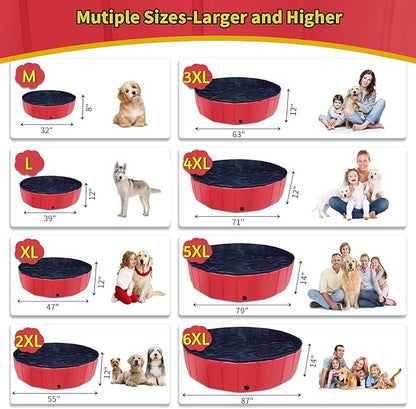 Foldable Dog Pool, 71" x 14" Large Kiddie Pool with Hard Plastic, Non-Slip Dog Bath Tub for Outdoor Backyard, Collapsible Dog Swimming Pool for Kids Dogs Pets (Red)