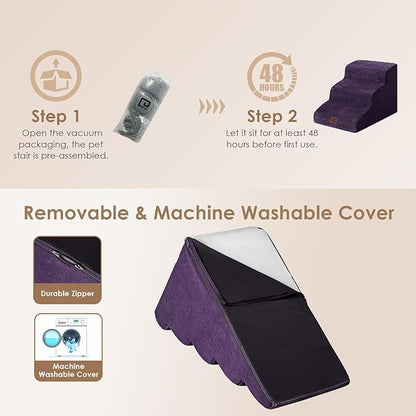 EHEYCIGA Curved Dog Stairs Ramp for Small Dogs 15.7" H, 3-Step Dog Steps for Couch Sofa and Chair, Pet Stairs for Cats, Non-Slip Balanced Pet Steps Indoor, Purple