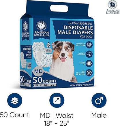 American Kennel Club Male Dog Wrap, Disposable Diapers with Wetness Indicator, Medium, 50 Count
