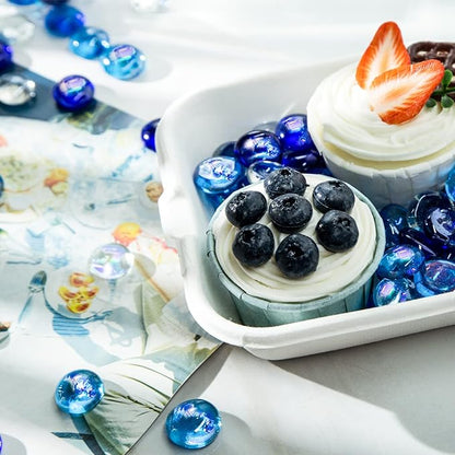 FUTUREPLUSX 1LB Iridescent Flat Glass Marbles, Blue Mixed Glass Beads Vase Fillers Decorative Gem Pebbles Sparkling Floral Fish Tank Rocks for Vases Table Scatter Aquarium Decor DIY Craft