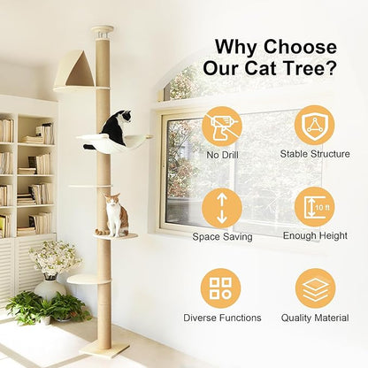 FUKUMARU Floor to Ceiling Cat Tree, 6 Level Adjustable Height (6-10 ft) Climbing Tower with Thickened Scratching Posts, Cats Activity Center with Cozy Hammock - Beige