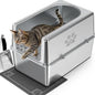Enclosed Stainless Steel Cat Litter Box with Lid, XL Metal Litter Box for Big Cats, Extra Large Cat Toilet with High Side, Non-Stick, Anti-Leakage, Odorless, with Cats Litter Mat & Litter Scoop
