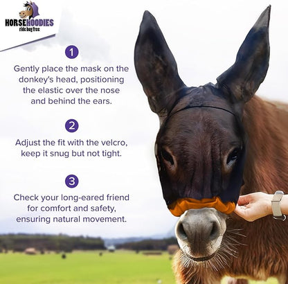 Donkey Fly Mask with Long Ears (Purple) Made in USA - Mule Fly Mask with Ears Protection from Insects and Bugs, Mini Donkey Soft Mesh Fabric with Adjustable Fastener, Face Cover Supplies for Donkeys