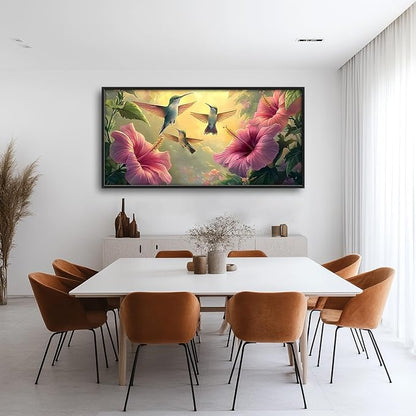 Framed Large Hummingbird Wall Art for Living Room, Oversized Rustic Bird Flower Wall Decor Floral Canvas Painting Nature Sunrise Pictures Modern Artwork for Bedroom Office Dinging Room 60"x30"