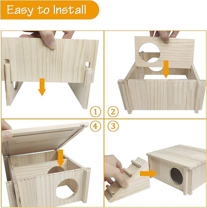 Fhiny Wooden Hamster Hideout for Small Animal, Gerbils Chamber Hut with Ladder Habitats Decor, Maze Climbing Toys for Dwarf Syrian Hamsters Mice and Other Small Pets