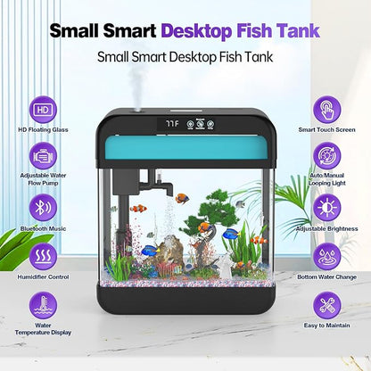Fish Tank 2.2 Gallon Fish Aquarium with Music Humidifier 7 Color Auto-Looping Light Adjustable Water Pump with Filtration & Aeration & Circulation, Temperature Display, Bottom Water Changer
