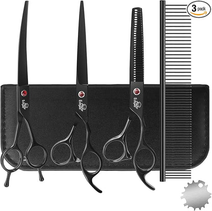 7.0" Professional Dog Grooming Scissors Kit – 3-Piece Set with Straight, Curved & Thinning Shears, Black Japanese Stainless Steel, Includes Grooming Comb for Dogs & Cats