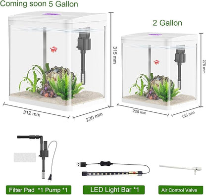 2 Gallon Betta Fish Tank Starter Kit, Self-Cleaning Aquarium with Built-in Filter and LED Light