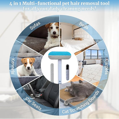 4 in 1 Multifunctional Reusable Pet Hair Remover Brush,Dog & Cat Hair Remover Tool for Couch,Bedding & Carpet,Washable Fur Remover with Dual-Sided Cleaning Brush