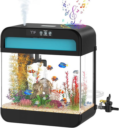 Fish Tank 2.2 Gallon Fish Aquarium with Music Humidifier 7 Color Auto-Looping Light Adjustable Water Pump with Filtration & Aeration & Circulation, Temperature Display, Bottom Water Changer