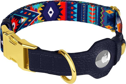 AirTag Dog Collar for Small Medium Large Breed - Adjustable Cute Pattern Dog Collar with Airtag Holder - Soft Leather Tracker GPS Apple Air Tag Pet Collars (Small, 12"-15" Neck Fit, Navajo)