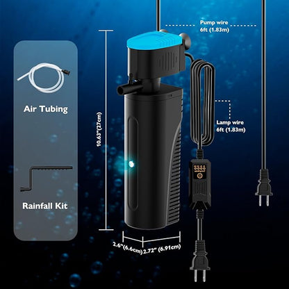 Aquarium Filter with Aeration & Rainfall Mode, U - V Fish Tank Filter with Timer (3/6/12/24 Hours) for Green Water Cleaning, Turtle Tank Filter with Efficient Filter Sponge (30-70Gal)