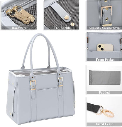 Fashion Pet Carrier Dog Purse Cat Bag Soft-Sided Carriers Travel Airline Approved, Stylish Leather Tote Handbag for Small Animal Puppy Kitten (Grey)
