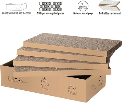 4 Packs in 1 Cat Scratch Pad with Box, Cat Scratcher Cardboard,Reversible,Durable Recyclable Cardboard, Suitable for Cats to Rest, Grind Claws and Play with Scratch Box
